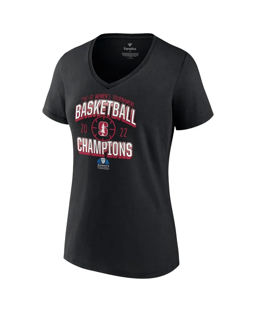 Women's Fanatics Black Stanford Cardinal 2022 Pac-12 Basketball Conference Tournament Champions V-Neck T-shirt