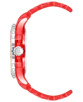 Steve Madden Women's Analog Transparent Plastic with Rainbow Crystal Bracelet Watch