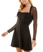 City Studios Juniors' Sheer-Long-Sleeve Skater Dress