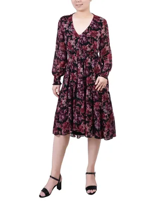 Women's Long Sleeve Clip Dot Chiffon Dress with Smocked Waist and Cuffs