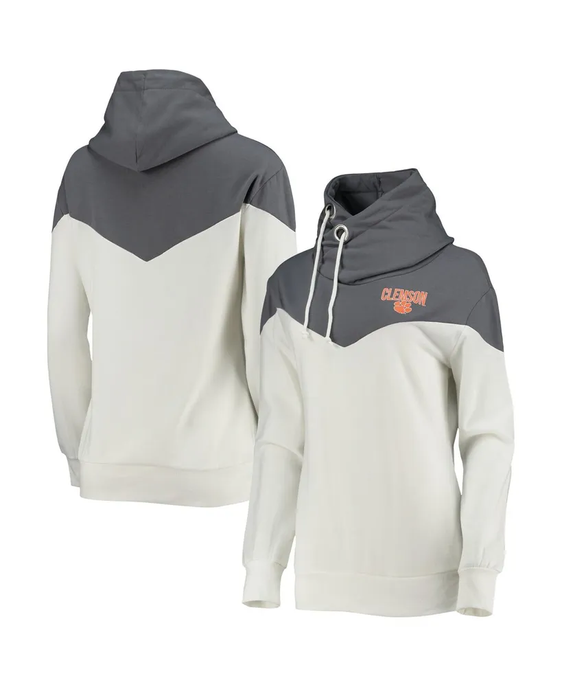 Women's Gameday Couture White, Gray Clemson Tigers Old School Arrow Blocked Cowl Neck Tri-Blend Pullover Hoodie