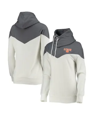 Women's Gameday Couture White, Gray Clemson Tigers Old School Arrow Blocked Cowl Neck Tri-Blend Pullover Hoodie