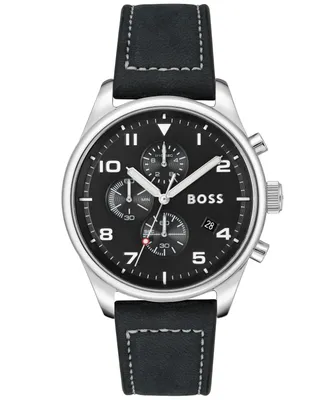 Boss Men's View Black Genuine Leather Strap Watch, 44mm