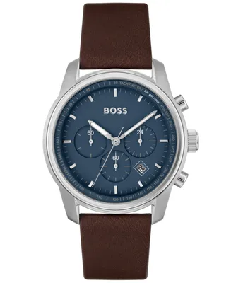 Boss Men's Trace Brown Genuine Leather Strap Watch, 44mm