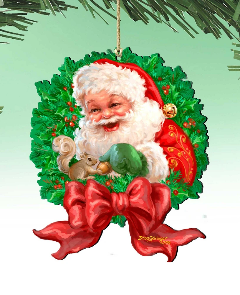 Designocracy Wreath Santa Bow Holiday Ornaments, Set of 2