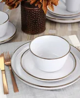 Elama Alejandro 16 Piece Stoneware Dinnerware Set, Service for 4 - Matte White with Gold