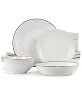 Elama Josefina Embossed 16 Piece Double Bowl Stoneware Dinnerware Set, Service for 4