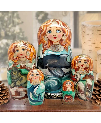 G.DeBrekht Whales Family Matreshka Holiday Nesting Hand-Painted Doll, Set of 5