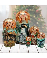 G.DeBrekht Penguins Matreshka Holiday Nesting Hand-Painted Dolls, Set of 5