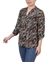 Ny Collection Petite 3/4 Roll Tab Sleeve Printed Pintuck Top