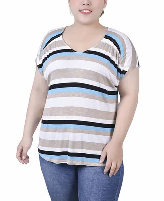 Ny Collection Plus Short Sleeve Striped V-neck Top