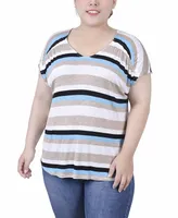 Ny Collection Plus Short Sleeve Striped V-neck Top