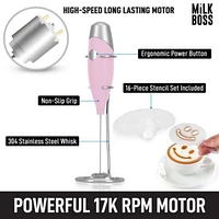 Milk Boss Portable Coffee Frother Handheld Whisk Mixer with 16-Piece Stencils