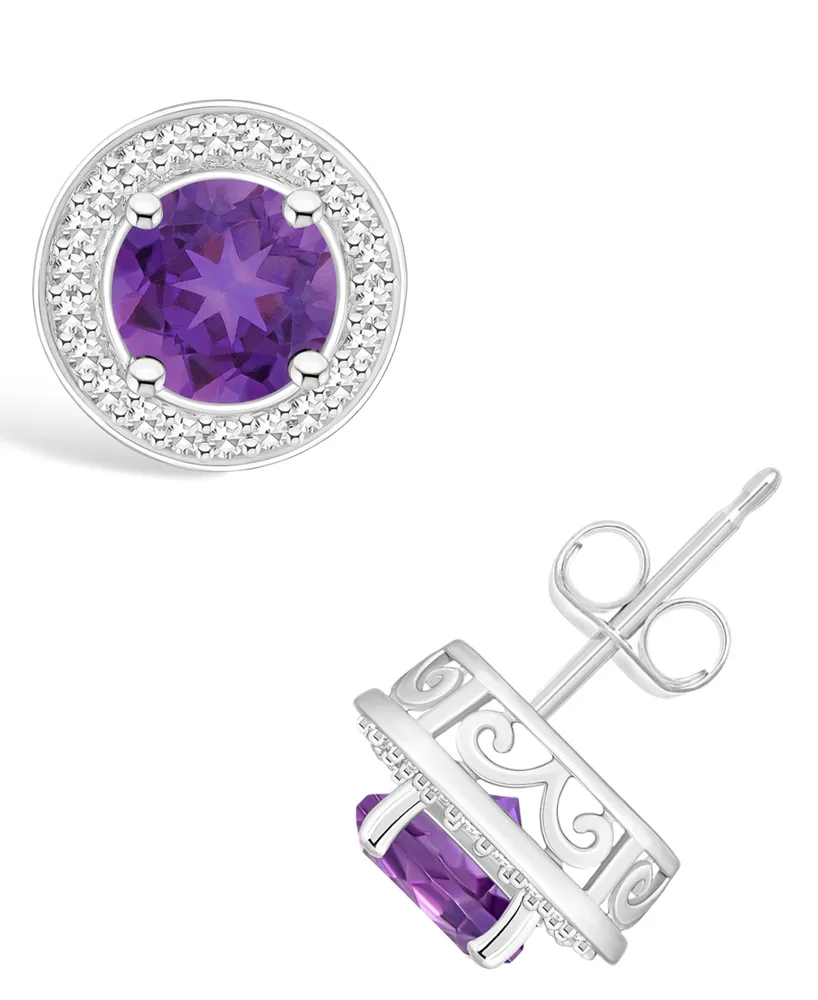 Macy's Amethyst (1-1/2 ct. t.w.) and Diamond (1/5 ct. t.w.) Halo Studs in Sterling Silver