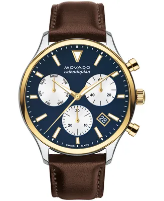 Movado Men's Heritage Calendoplan Swiss Quartz Chronograph Chocolate Genuine Leather Strap Watch 43mm