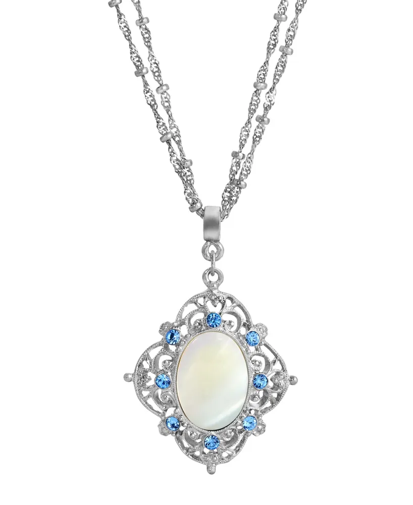 2028 Silver-Tone Aqua and Mother of Pearl Necklace