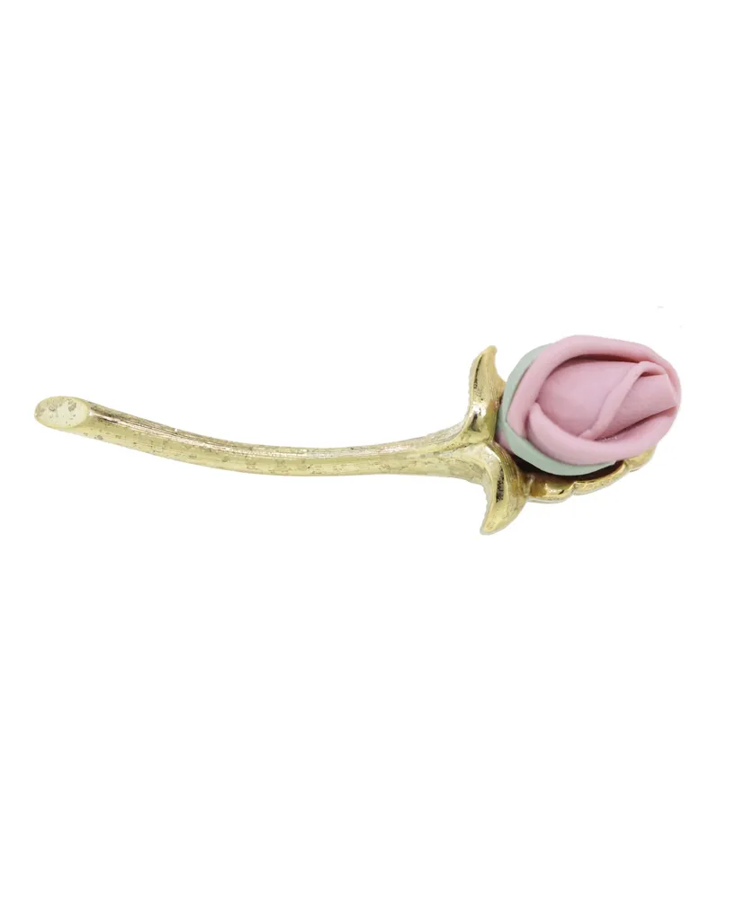 2028 Gold-Tone Pink Long Stem Genuine Porcelain Rose Pin