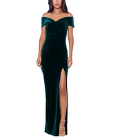 Xscape Women's Velvet Off-The-Shoulder Leg-Slit Gown