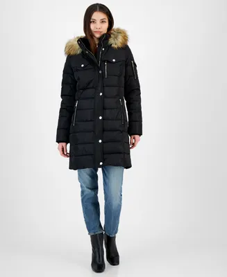 Michael Kors Women's Petite Faux-Fur-Trim Hooded Puffer Coat, Created for Macy's