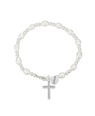 Unwritten Fine Silver-Plated Crystal Cross Fresh Water Pearl Bracelet - Silver