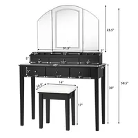 Vanity Table Stool Set Large Tri-folding Lighted Mirror