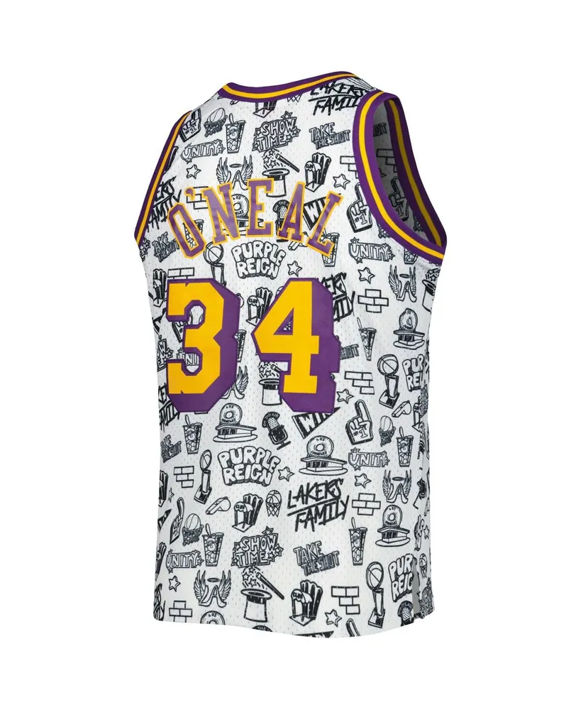 Men's Mitchell & Ness Shaquille O'Neal White Los Angeles Lakers 1996-97 Hardwood Classics Doodle Swingman Jersey