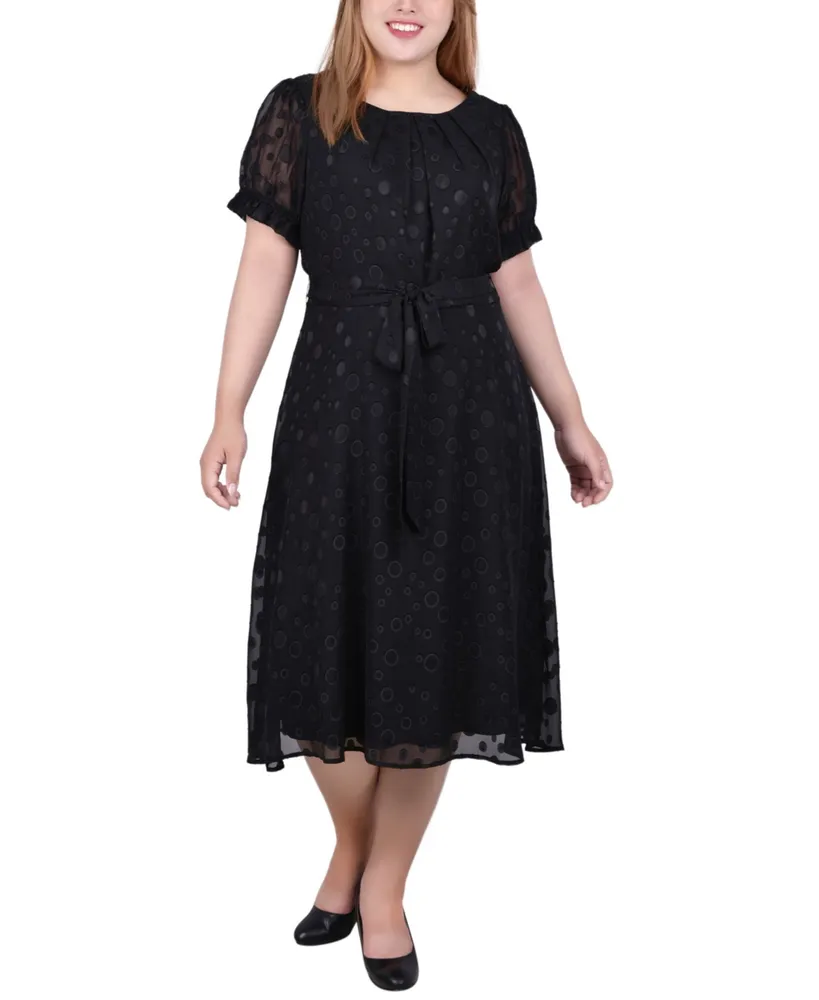 Ny Collection Plus Short Sleeve Belted Swiss Dot Dress