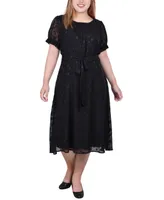 Ny Collection Plus Short Sleeve Belted Swiss Dot Dress