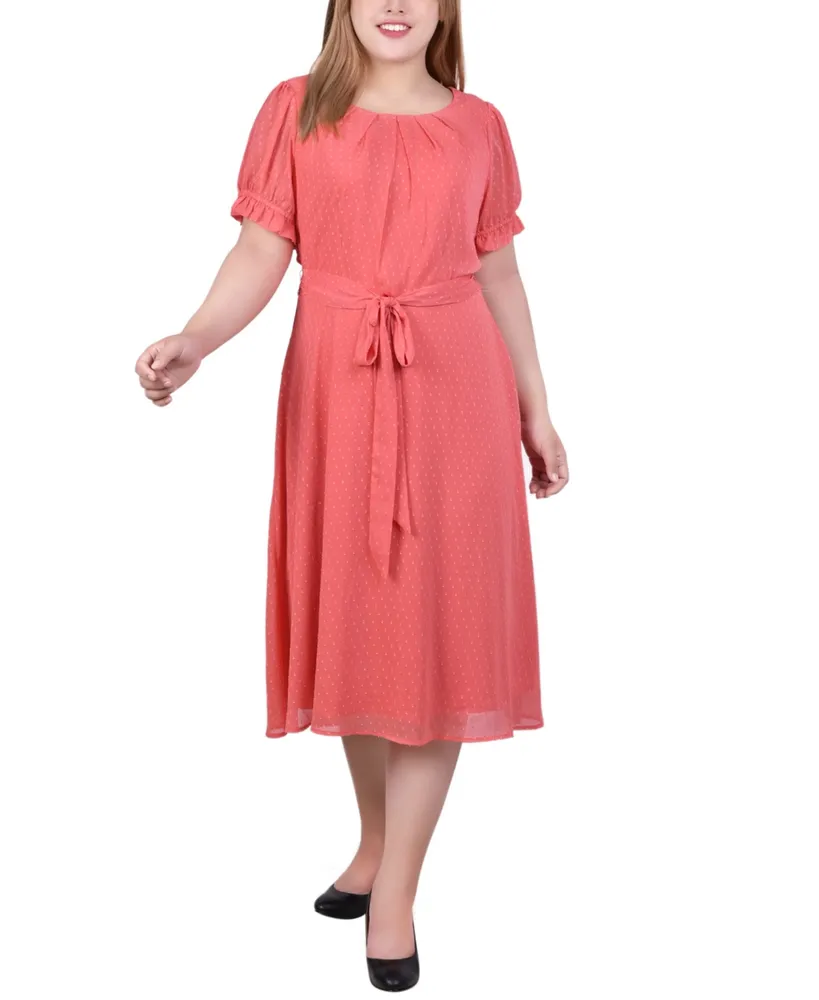 Ny Collection Plus Size Short Sleeve Belted Swiss Dot Dress