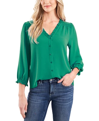 CeCe Women's Ruffled Button Front 3/4-Sleeve Blouse