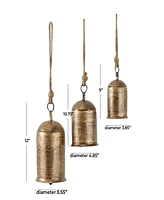 Rosemary Lane Gold-Tone Metal Bohemian Decorative Cow Bell with Jute Hanging Rope Set 3 Pieces