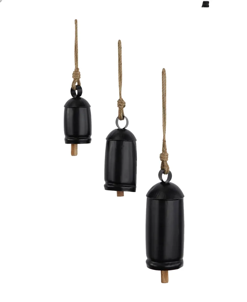 Rosemary Lane Black Metal Bohemian Decorative Cow Bell with Jute Hanging Rope Set 3 Pieces