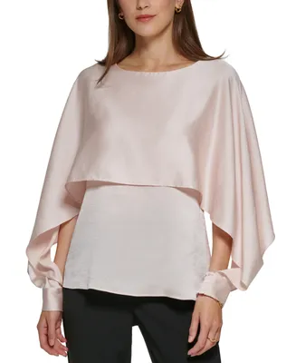 Dkny Petite Solid Crewneck Smocked-Cuff Cape Blouse, Created for Macy's