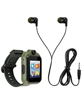 Playzoom Kid's Dark Green Camo Prints Silicone Strap Touchscreen Smart Watch 42mm with Earbuds Gift Set