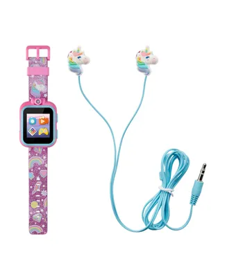 Playzoom Kid's Purple Glitter Unicorn Silicone Strap Touchscreen Smart Watch 42mm with Earbuds Gift Set
