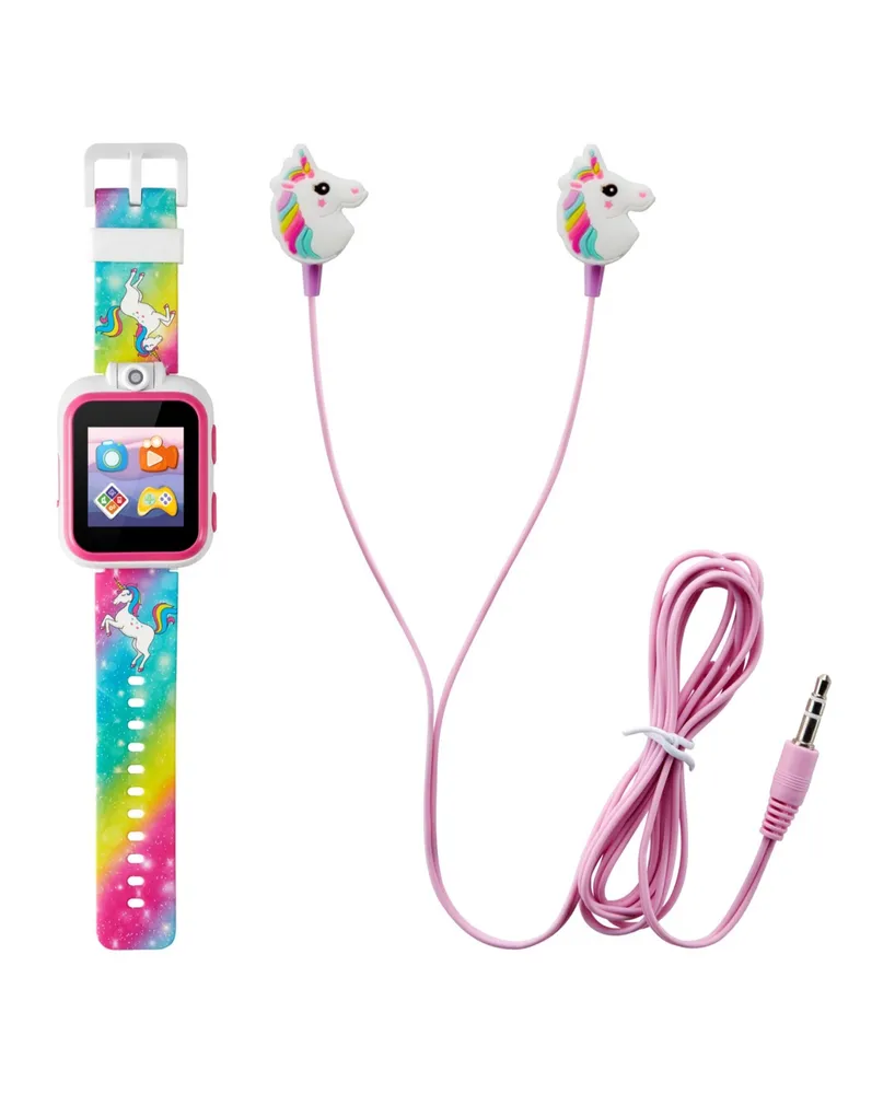 Playzoom Kid's Rainbow Unicorn Silicone Strap Touchscreen Smart Watch 42mm with Earbuds Gift Set