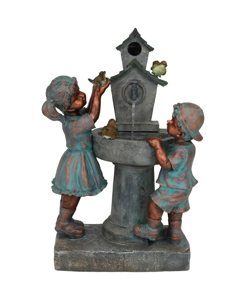 Sunnydaze Decor Boy and Girl at Birdbath Water Fountain with Led Lights - 30 in