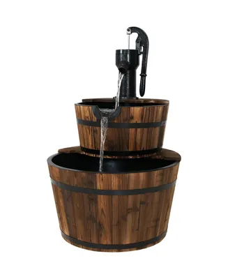 Sunnydaze Decor Rustic 2-Tier Wood Barrel Water Fountain with Hand Pump - 34 in