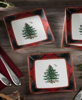 Spode Christmas Tree Tartan Square Tidbit Plates, Set of 4