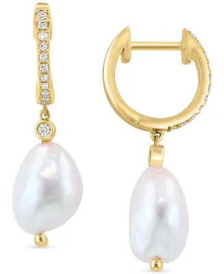 Effy Freshwater Pearl (7-1/2mm) & Diamond (1/8 ct. t.w.) Dangle Hoop Earrings in 14k Gold