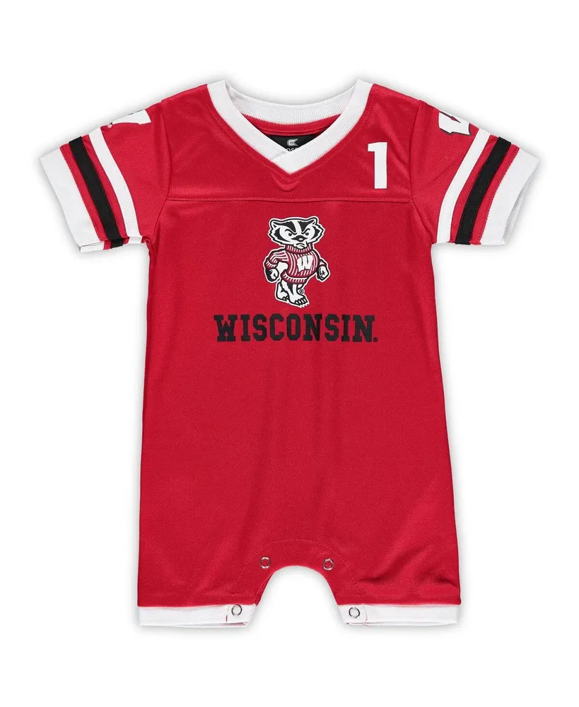 Newborn and Infant Boys and Girls Colosseum Red Wisconsin Badgers Bumpo Football Logo Romper