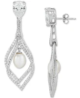 Arabella Cultured Freshwater Pearl (9 x 7mm) & Cubic Zirconia Orbital Drop Earrings in Sterling Silver