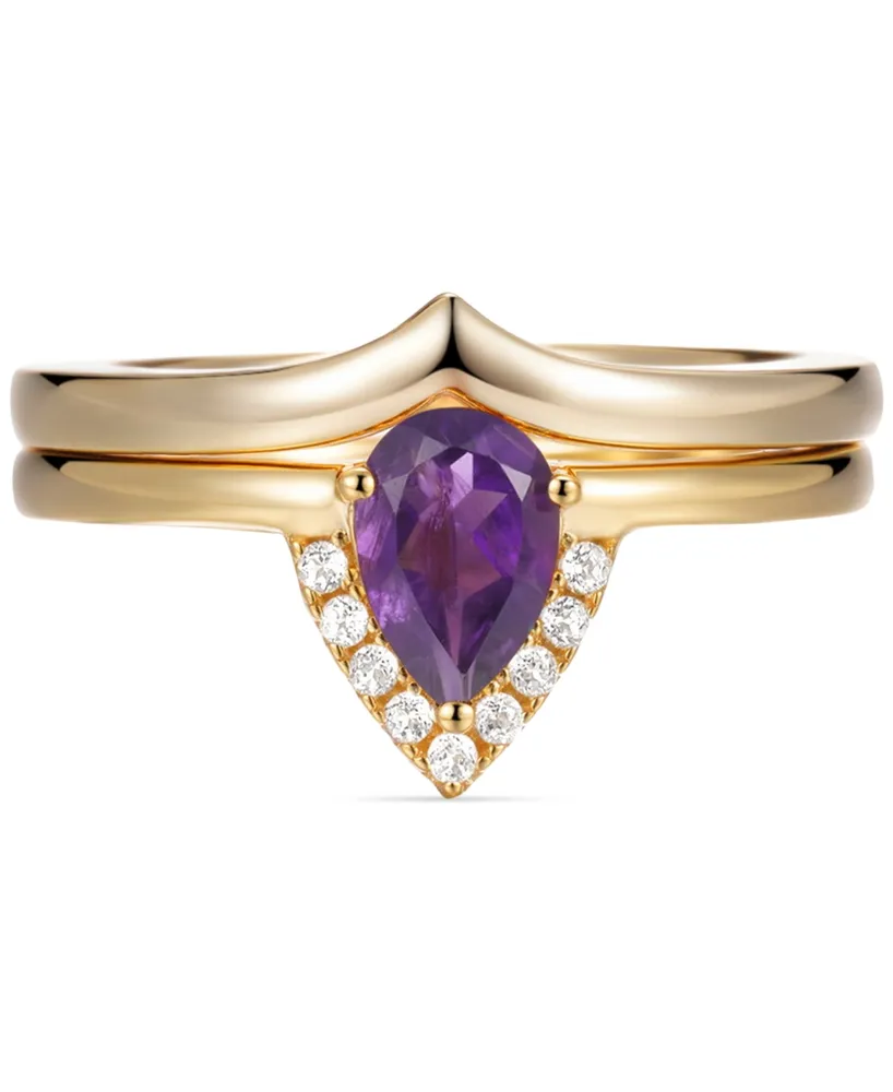 2-Pc. Set Garnet (5/8 ct. t.w.) & White Topaz (1/20 ct. t.w.) V Halo Ring & Fitted Band in Gold-Plated Sterling Silver (Also in Amethyst)