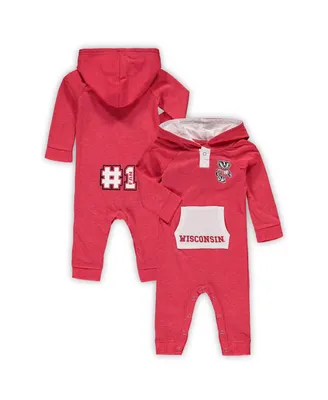 Newborn and Infant Boys and Girls Colosseum Heathered Red Wisconsin Badgers Henry Pocketed Hoodie Romper