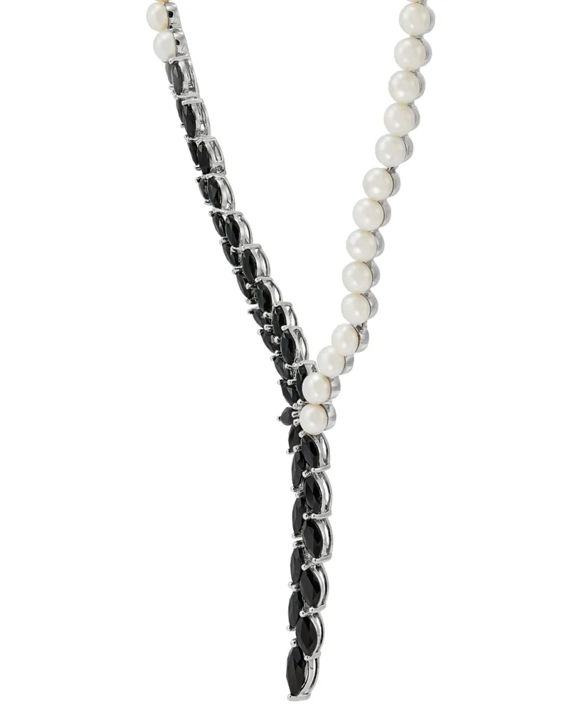 Cultured Freshwater Button Pearl (5-6mm) & Onyx Marquise 18" Lariat Necklace in Sterling Silver
