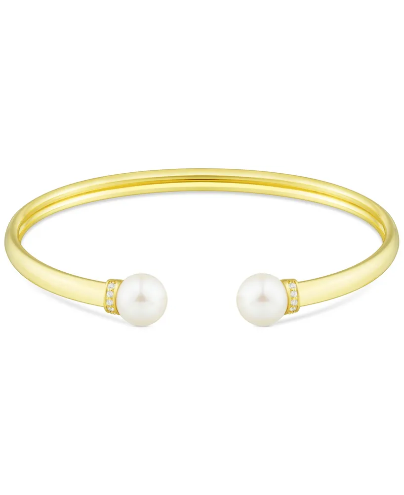 Honora Cultured Freshwater Pearl (8mm) & Diamond (1/20 ct. t.w.) Cuff Bangle Bracelet in 14k Gold-Plated Sterling Silver