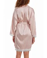 iCollection Women's Brillow Satin Striped Robe with Self Tie Sash and Trimmed Lace