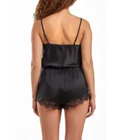 iCollection Women's Jeanie Satin Romper with Front Drape and Floral Eyelash Lace Trim