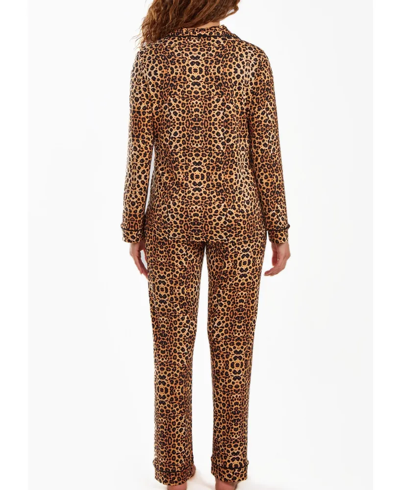 iCollection Women's Chiya Modal Leopard Pajama Pant Set with Button Down Collar, 2 Piece
