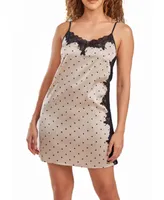 iCollection Women's Kareen Dotted Satin Chemise, Adorned Front and Side Lace